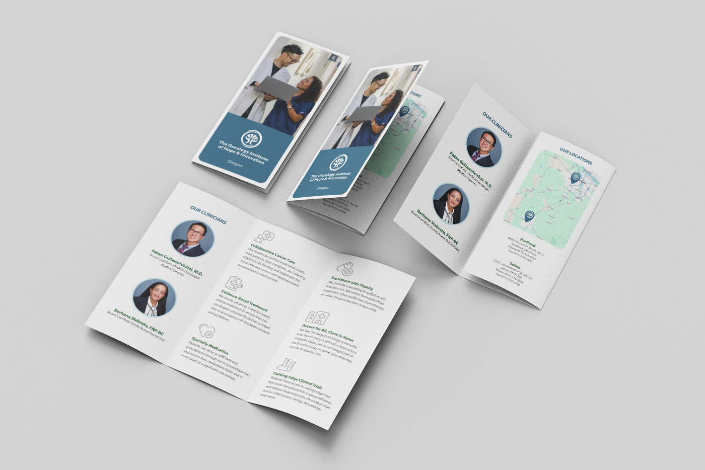 Mockup of a sample brochure in several open and closed views